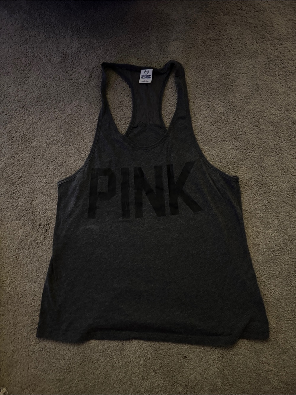 PINK Victoria's Secret Charcoal Gray Racerback Logo Tank